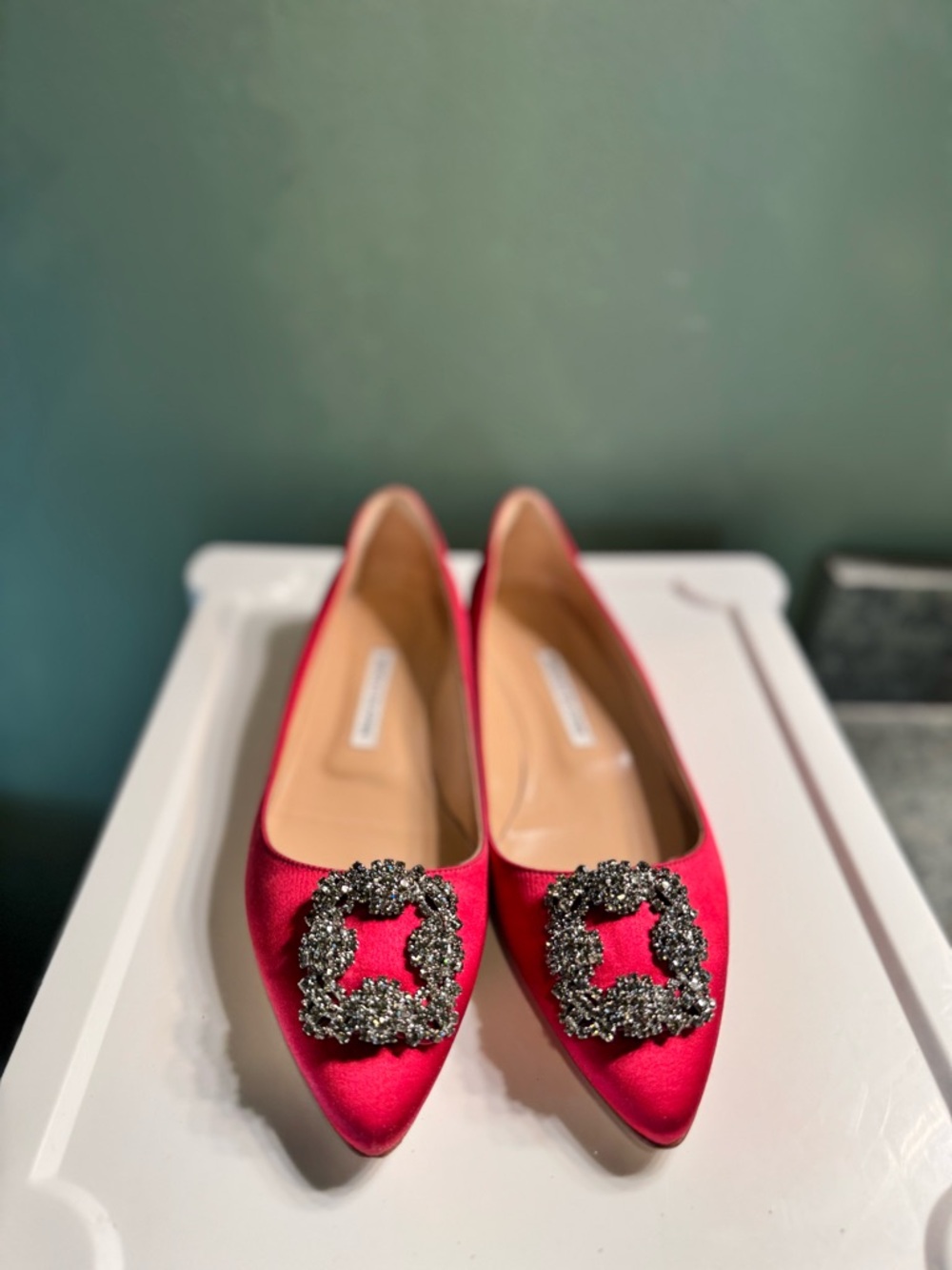 Manolo Blahnik Hangisi Red Satin Pointed-Toe Flats with Crystal Buckle